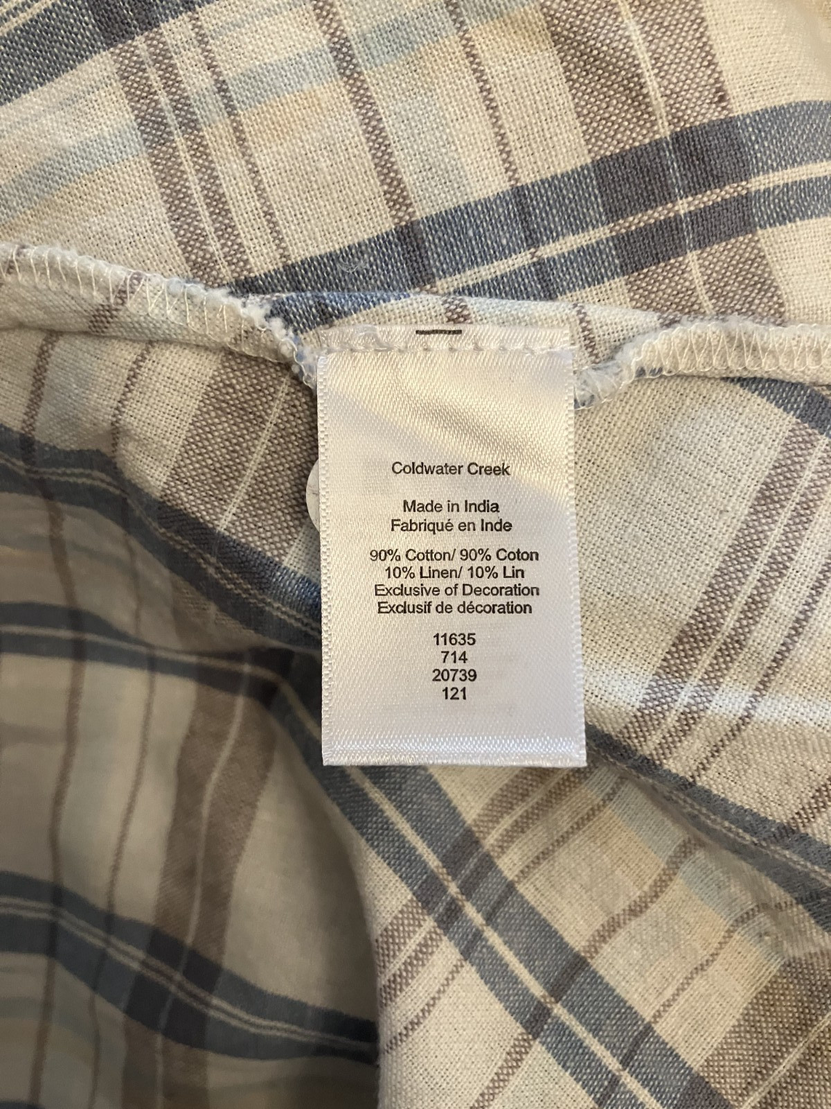 Coldwater Creek Ivory Blue Tan Plaid Embroidered Tunic Top Size M
