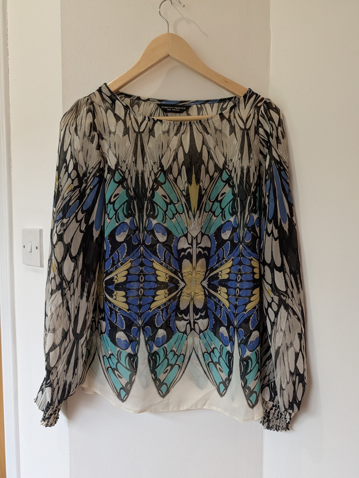 Dorothy Perkins Butterfly Print Statement Blouse Size 12 Sheer Top Boho