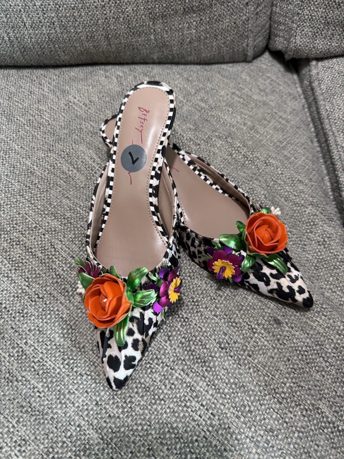 BETSEY JOHNSON Abigayl Leopard Floral Mules Kitten Heels Sz 7M
