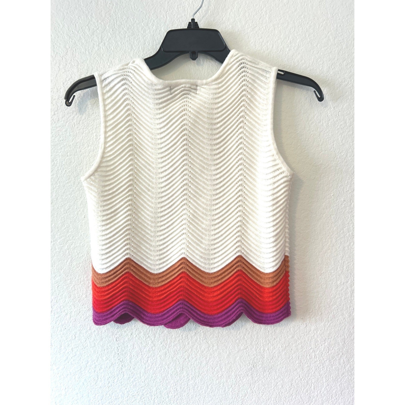 Boho Festival Hippie Cream Chevron Knit Sleeveless Top Scallop Hem Small