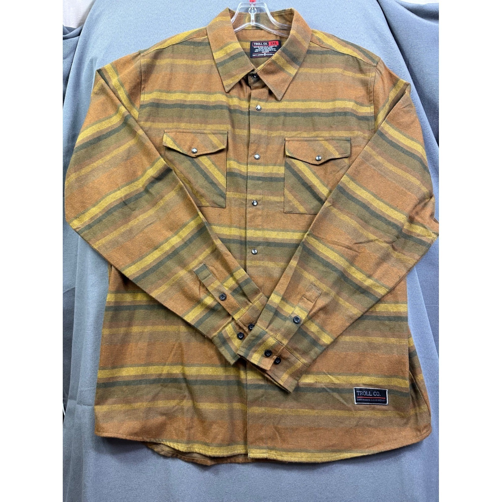 Troll Co Dirty Hands Clean Money Flannel Shirt Men 2XL Striped Snap Front Brown