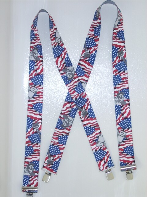 Mens Suspenders X Style 1-1/2″-2″ US#3 U.S. FLAG. Clips, Loop Snaps.USA Made