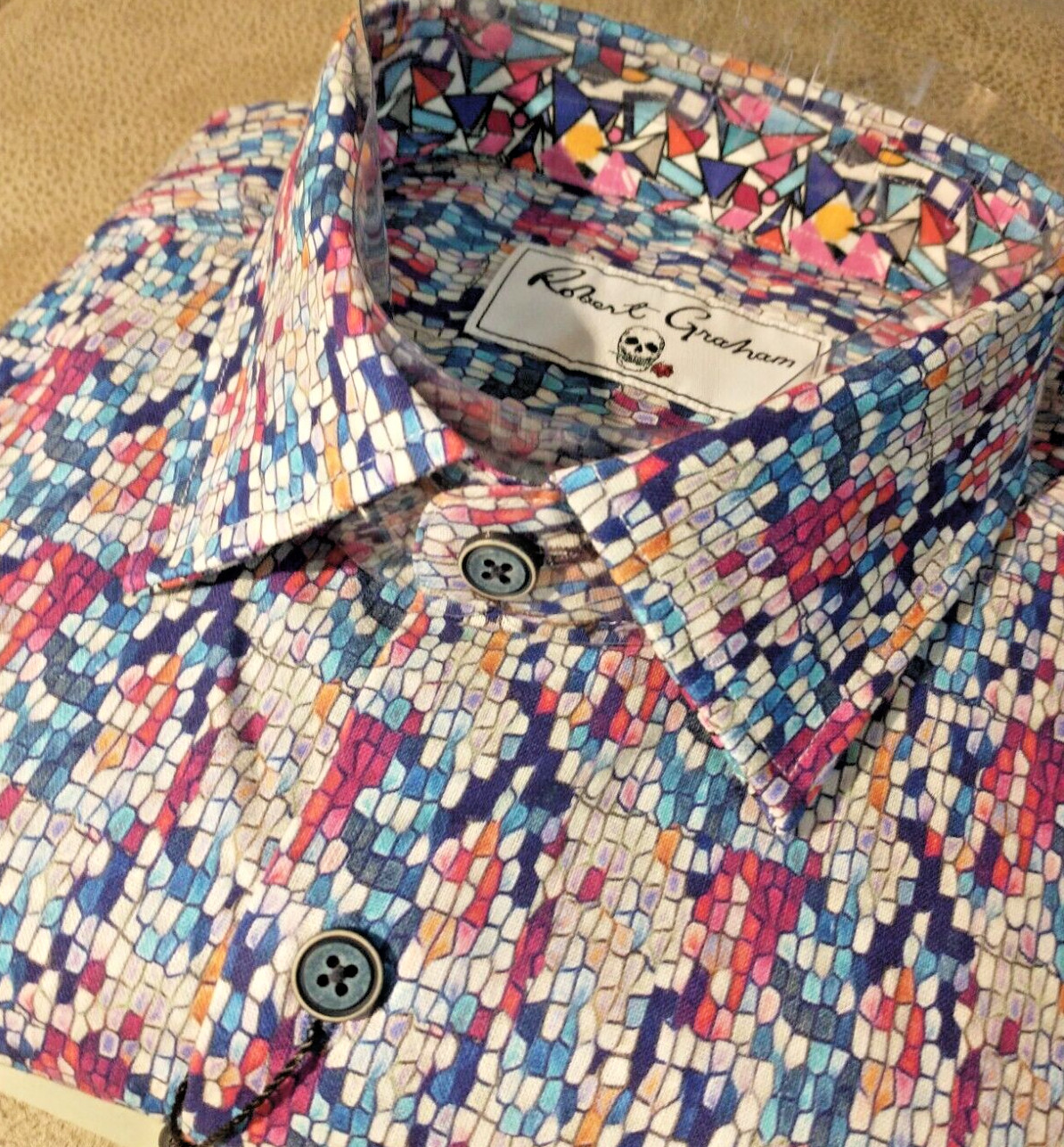 NWT Robert Graham men’s Size L Short Sleeve Button Down Geo/Checks Jacq Clas