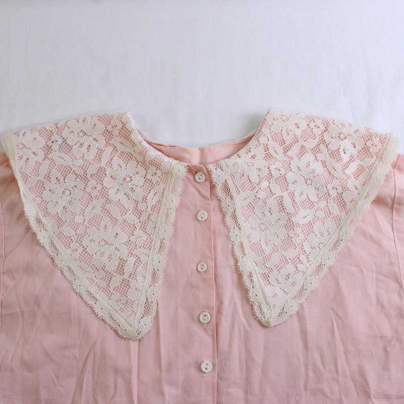 Vintage Handmade Light Pink Button-Up Shirt Lace Collar Women’s Size Medium