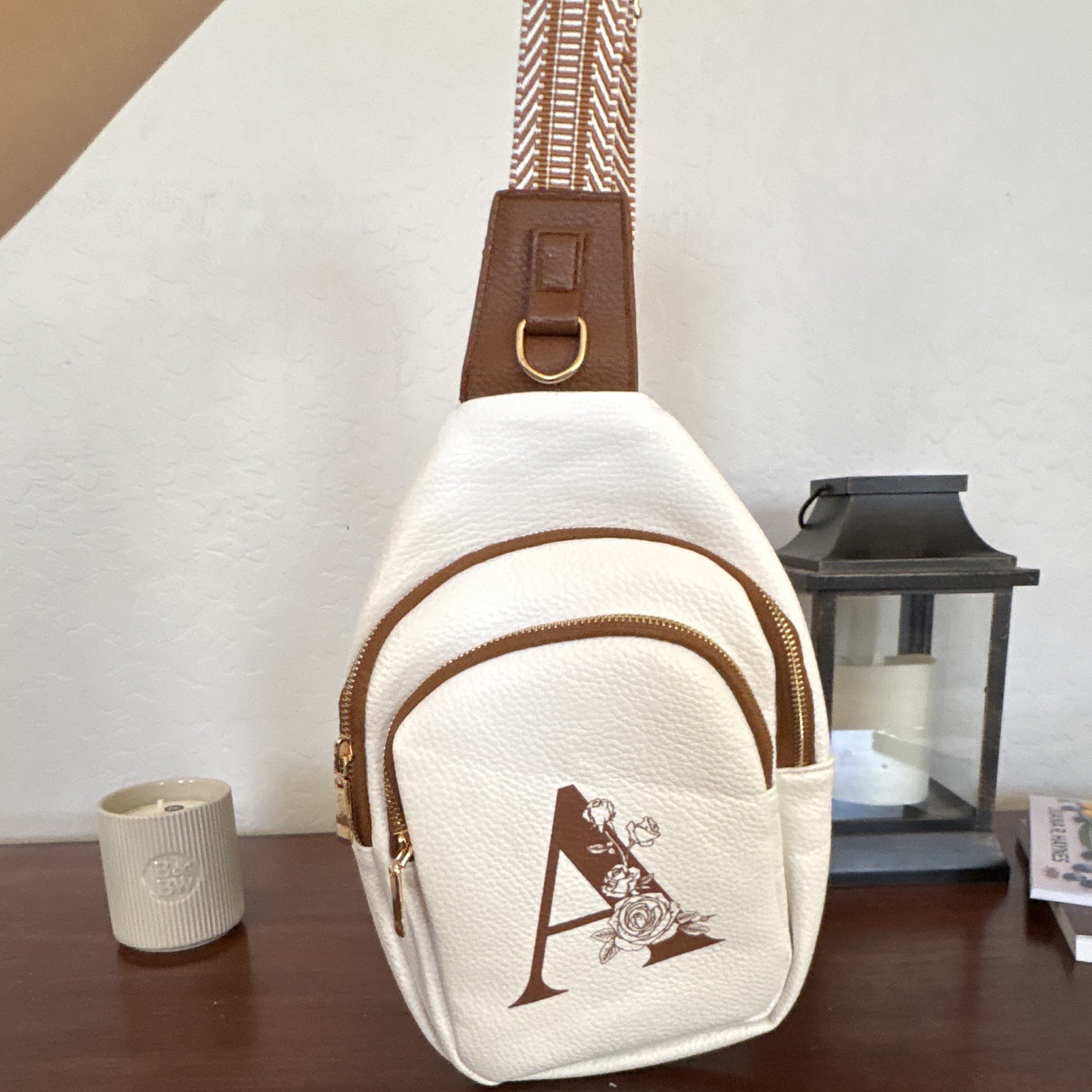 LIZZNOE White Pebbled Sling Crossbody Bag Gold Zip Brown Strap Initial A