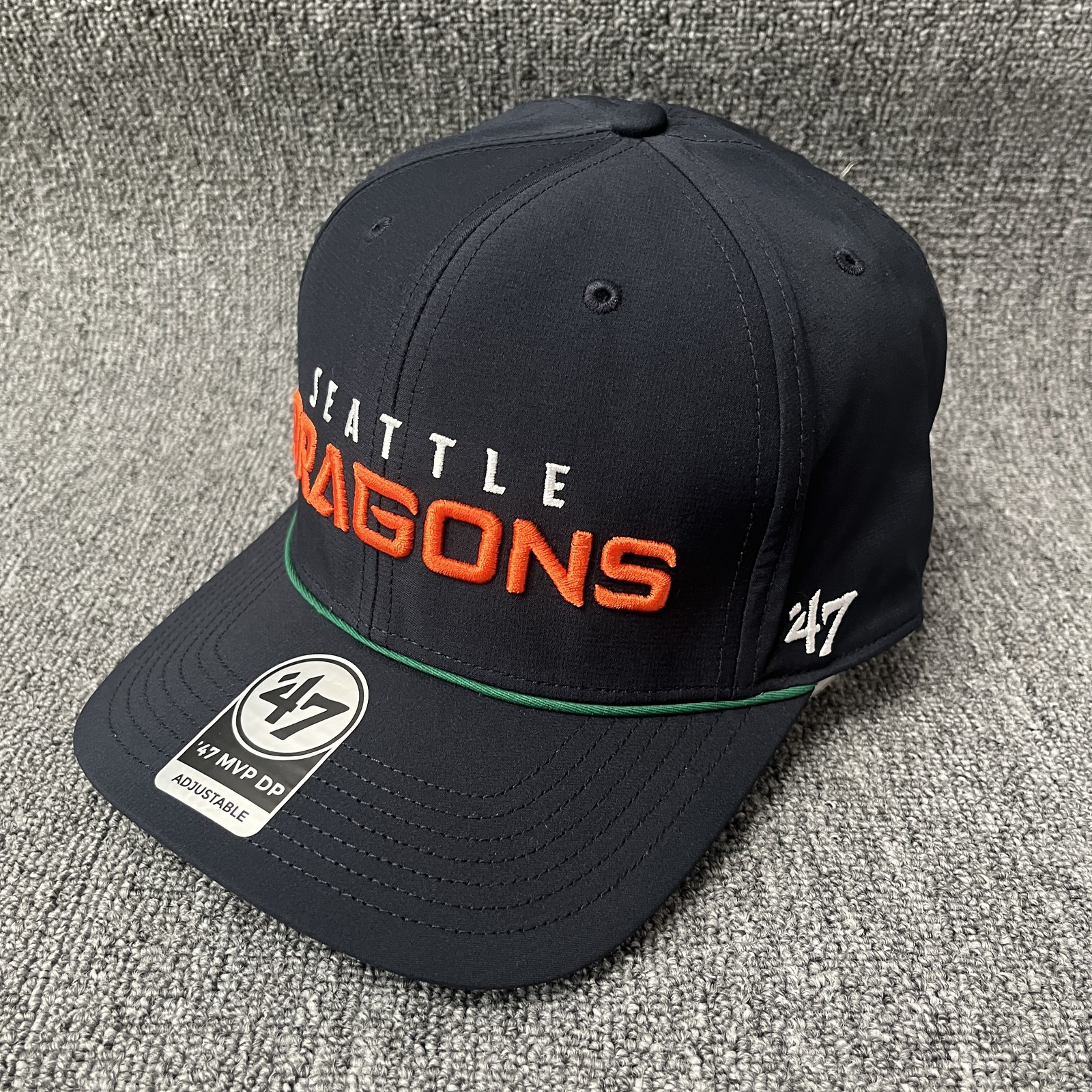 ’47 XFL Seattle Dragons MVP DP Adjustable Snapback Curved Brim Navy Orange Green