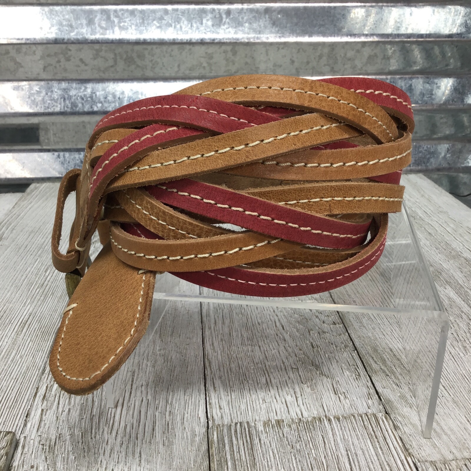 Jessica Simpson Brown Pink Braided Wide Leather Brass Buckle Size Medium
