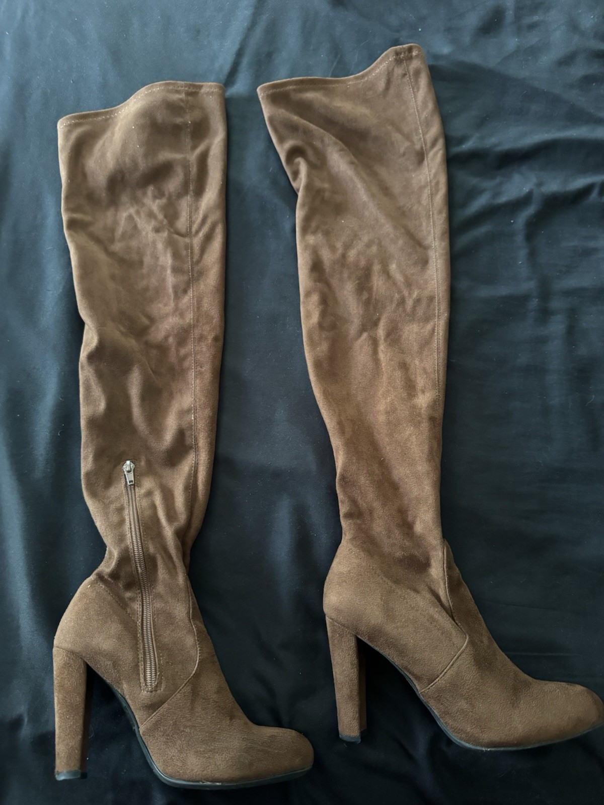 Women’s Brown Suede Thigh-High Over-the-Knee Zip Almond Toe Boots 6