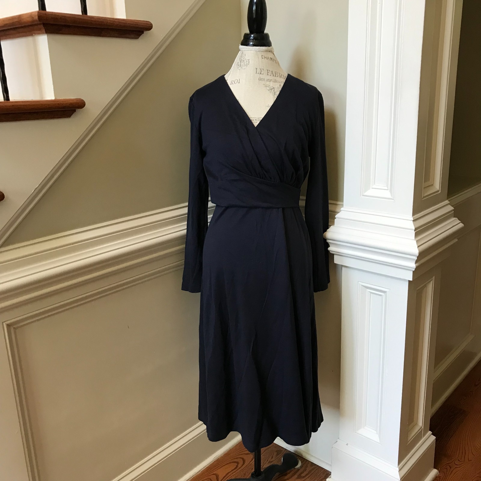 NWT Amina Rubinacci Eloisa Midi Dress Womens 44 8 Medium Navy Blue V-Neck NEW