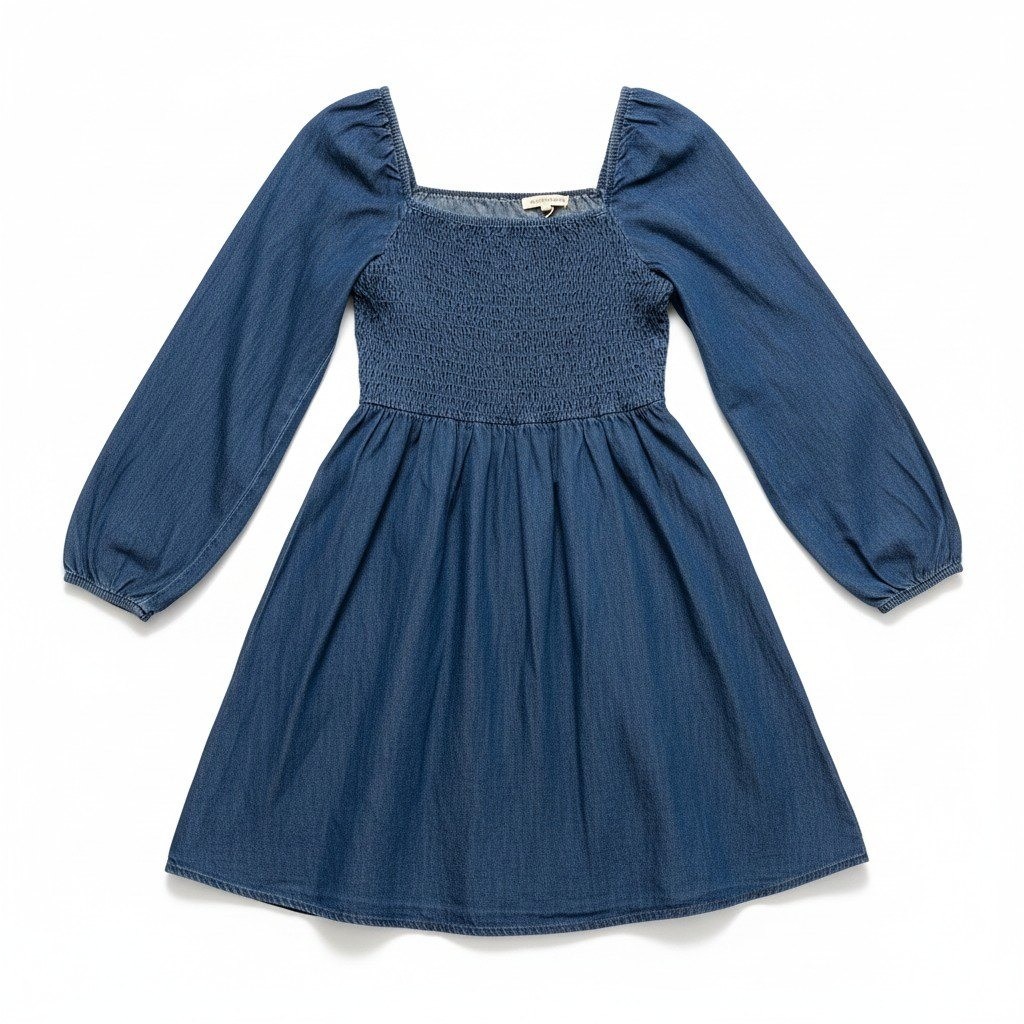 Wrangler Retro Blue Chambray Denim Smocked Puff Sleeve Western Mini Dress L NWT