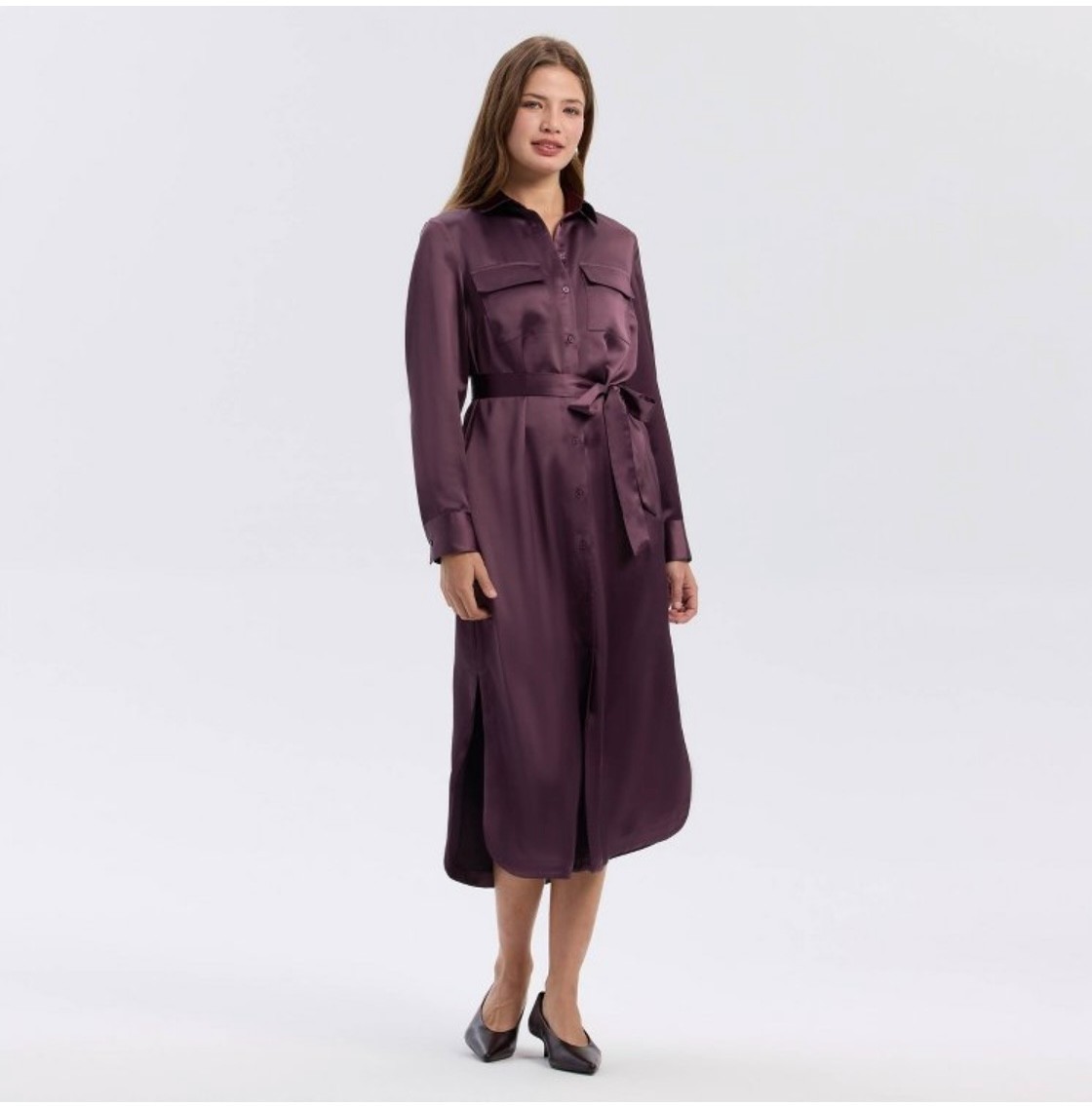 A New Day Women’s NWT Long Sleeve Belted Midi Shirtdress in Wine- XS