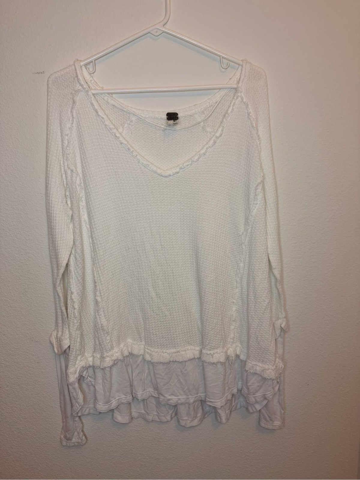 We The Free Waffle Knit V-Neck Ruffle Hem Long Sleeve Top White XS Boho