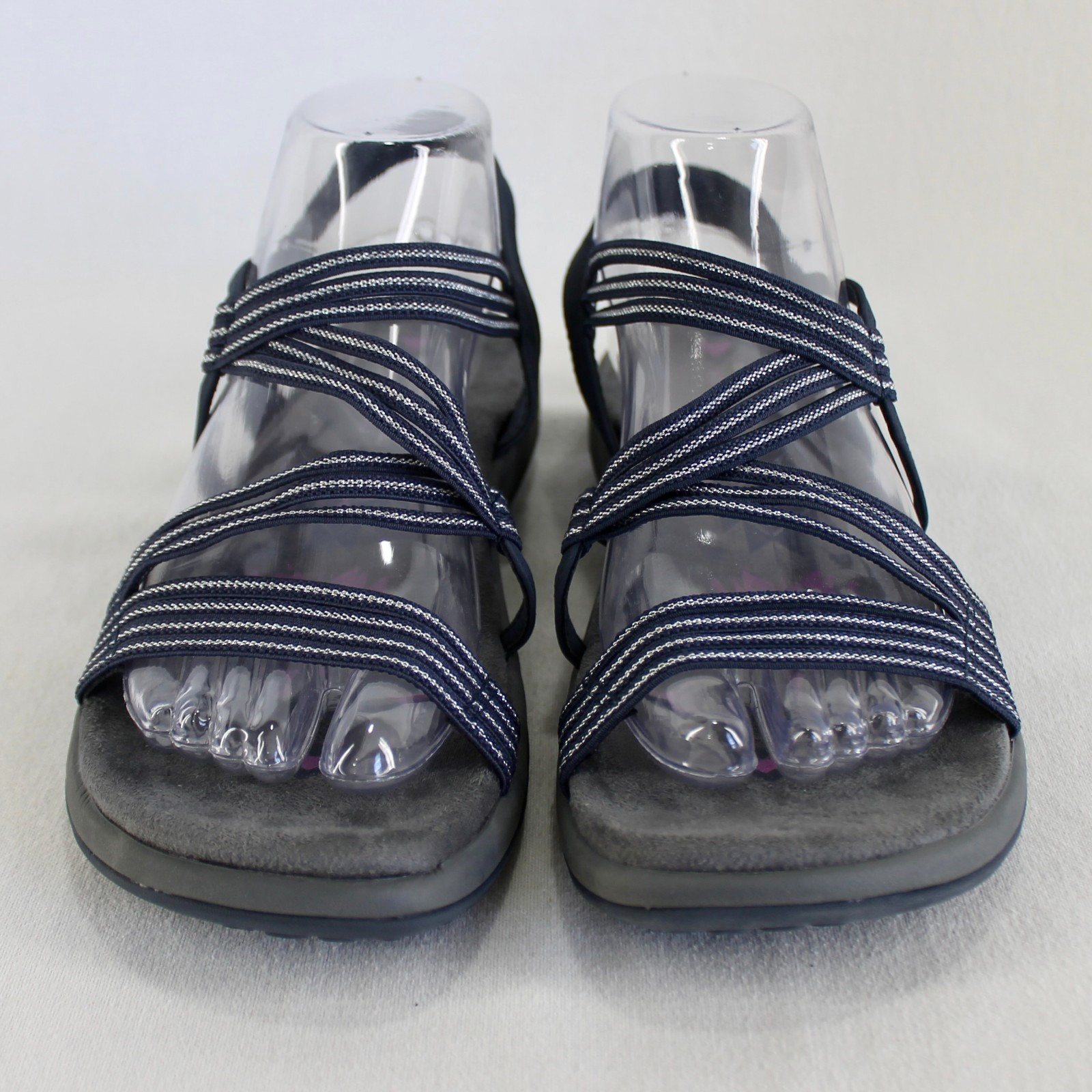 Skechers Reggae Slim Stretch Slinky Sandals Womens Size 9 Navy Silver Strappy
