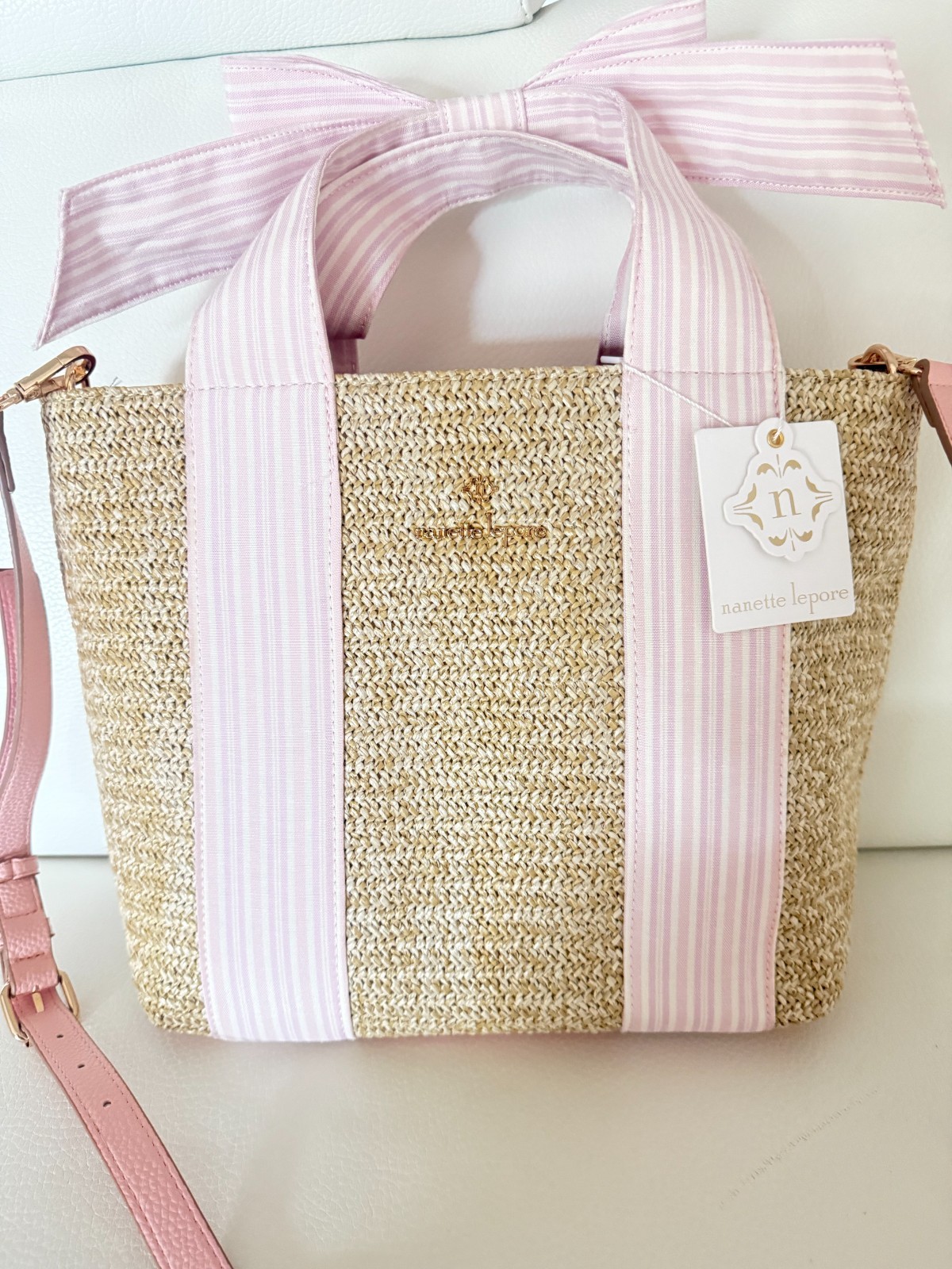 NWT NANETTE LEPORE BESSY TOTE CROSSBODY BAG NATURAL PINK GINGHAM W BOW