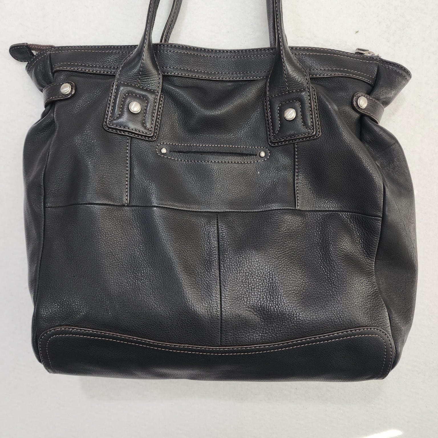 B. Makowsky Satchel Handbag Womens Black Leather Zip Pocket Silver Hardware
