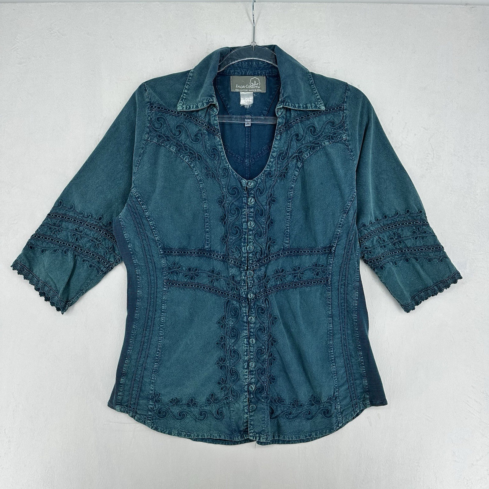 Inca Cottons Embroidered Collared Button Up Shirt Size Large Blue 100% Cotton