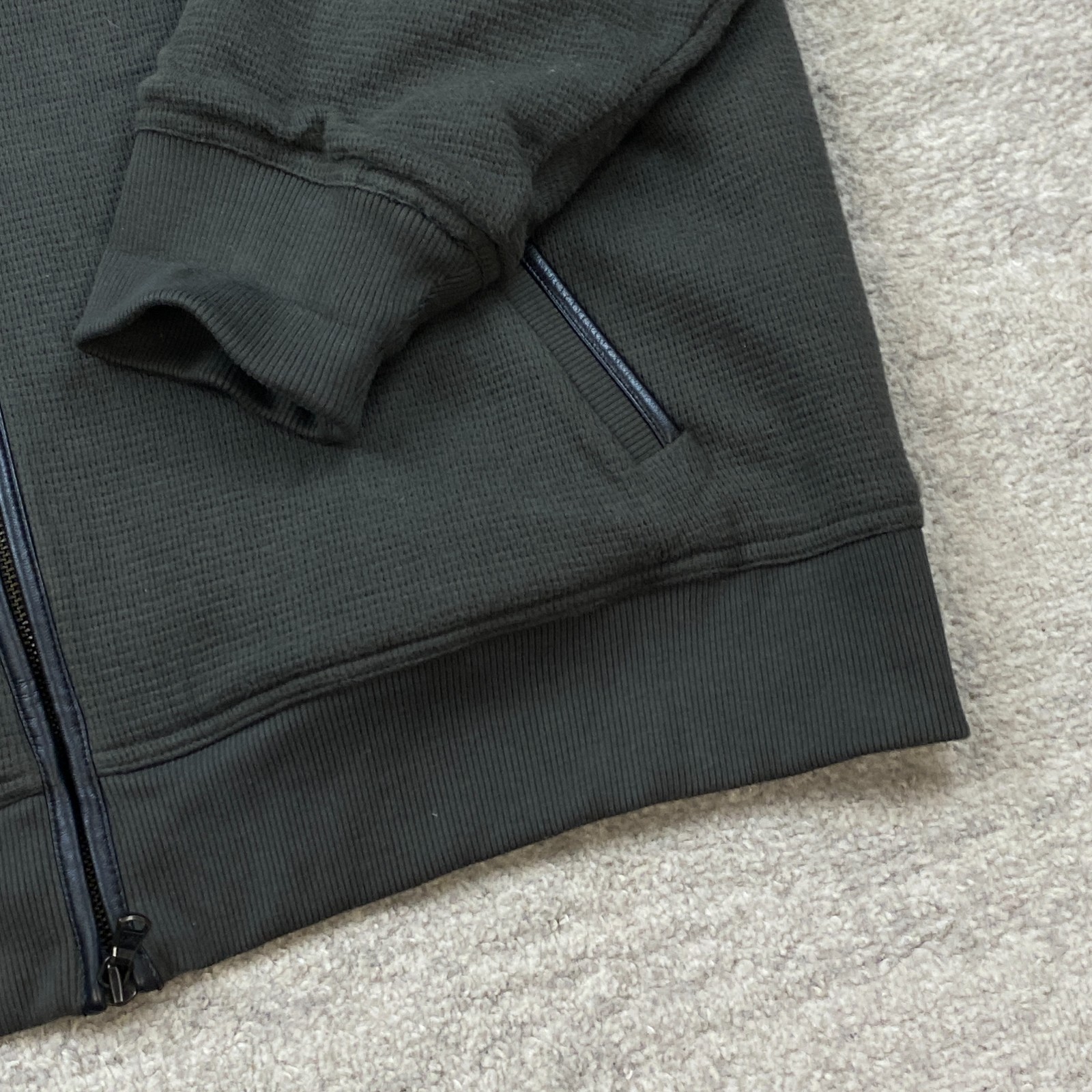 John Varvatos Waffle Bomber Jacket 2XL XXL Green Zip Sherpa Lined Padded Elbow