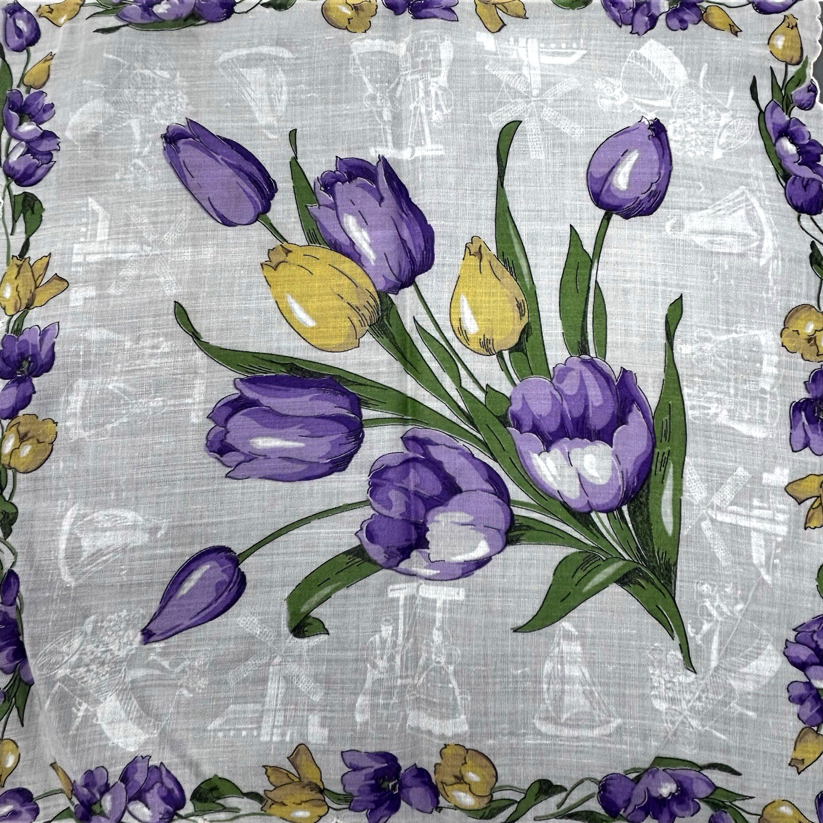 Vintage 1950s Purple Yellow Tulips Handkerchief Dutch Windmill Ship 12.75″