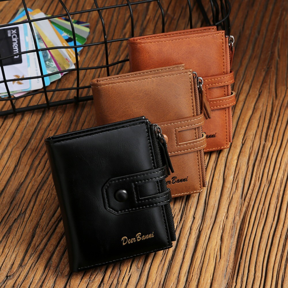 Bifold Double Zipper Coin Pocket Leather Purse Men Wallet with Anti-Theft Chain