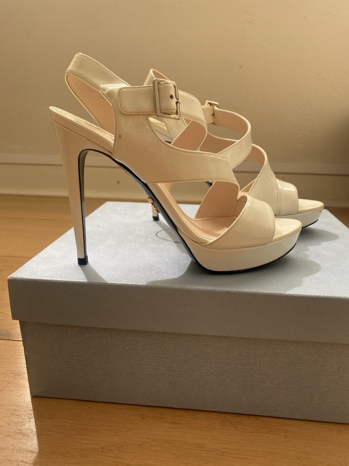PRADA Leather Stiletto Strappy Sandals Heels 12cm in Bianco/cream 37.5 Aus 6.5