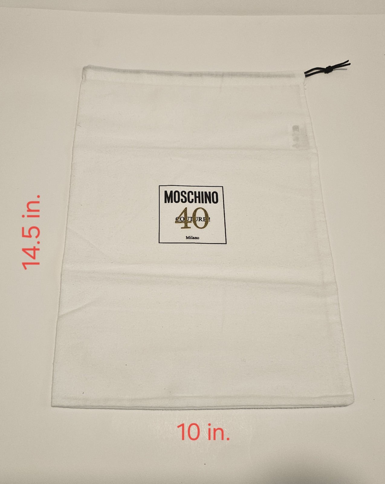 Moschino 40 Couture – White Drawstring Logo Dustbag – New 14.5 in x 10 in
