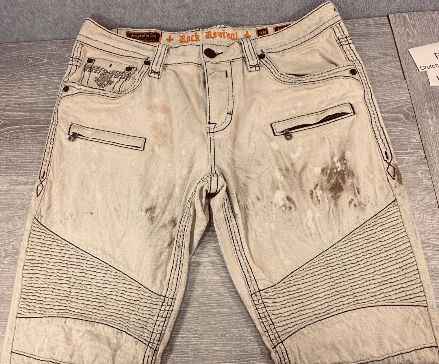 Rock Revivial Callan Biker Beige Jeans Acid Distressed Embroidery Size 38 x 33