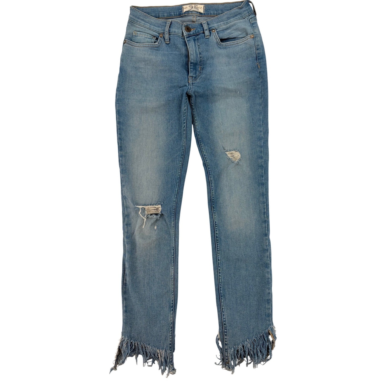 We The Free Free People Distressed Fringe Hem Skinny Jeans 25 Blue Boho Festival