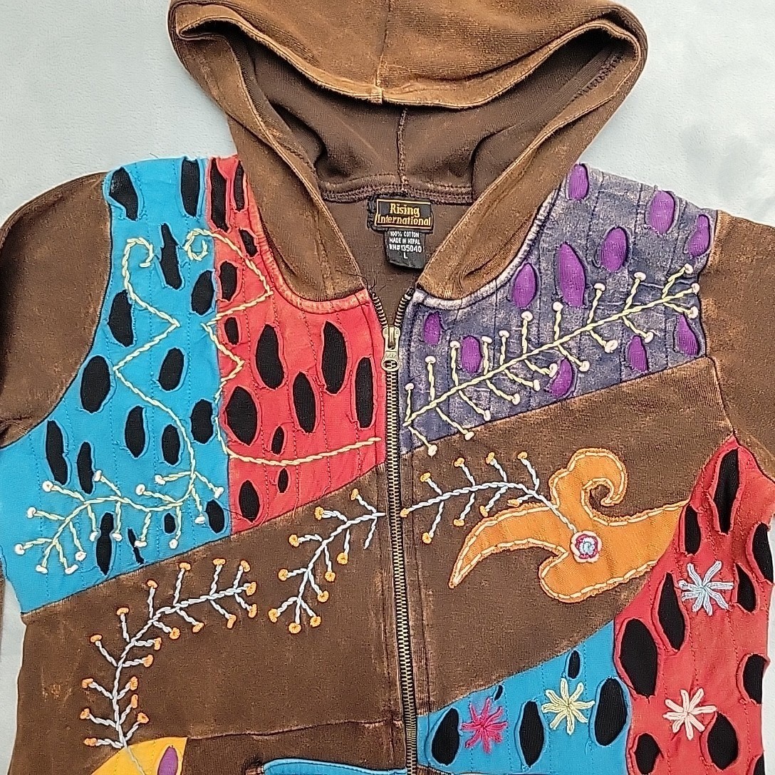 Rising International Patchwork Full Zip Hoodie Women Large Brown Boho Hippie