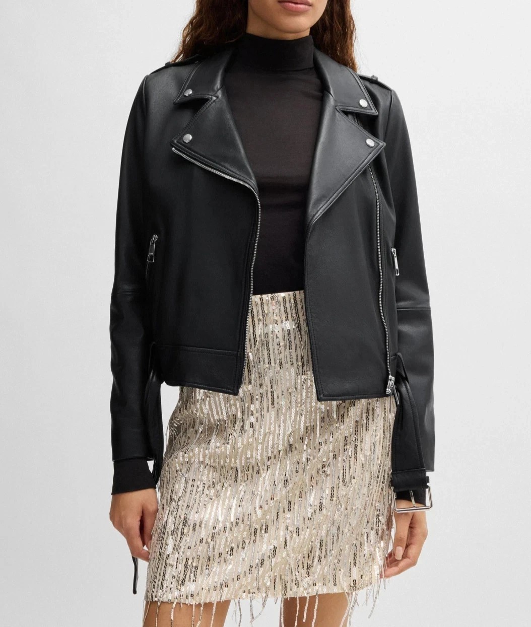 Black Leather Jacket Women Biker Moto Pure Lambskin Size S M L XL XXL Custom-247