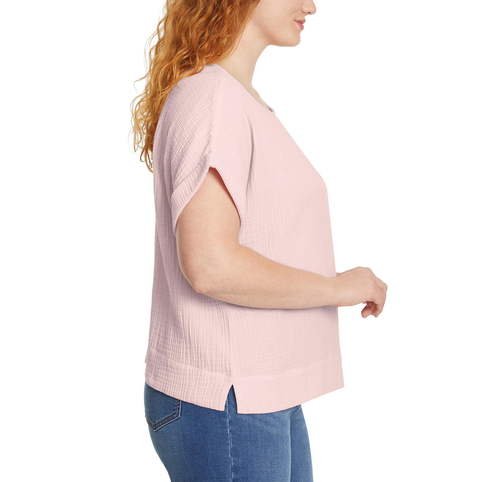 Gloria Vanderbilt Women’s Cotton Gauze Pullover Top Double Rolled Cuff Sleeve