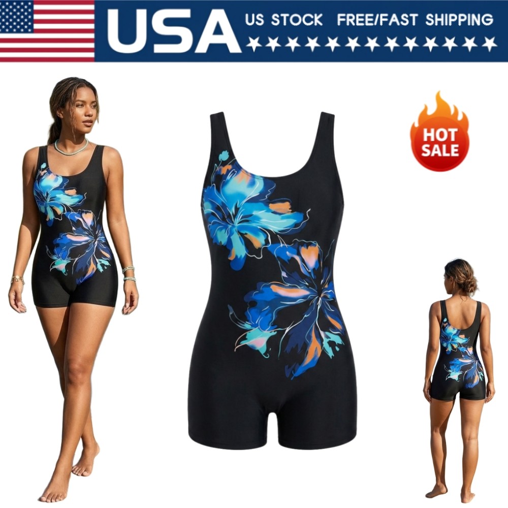 Women Blue Floral Print Boyleg One Piece Swimsuit Sleeveless U Neck Bathing Suit