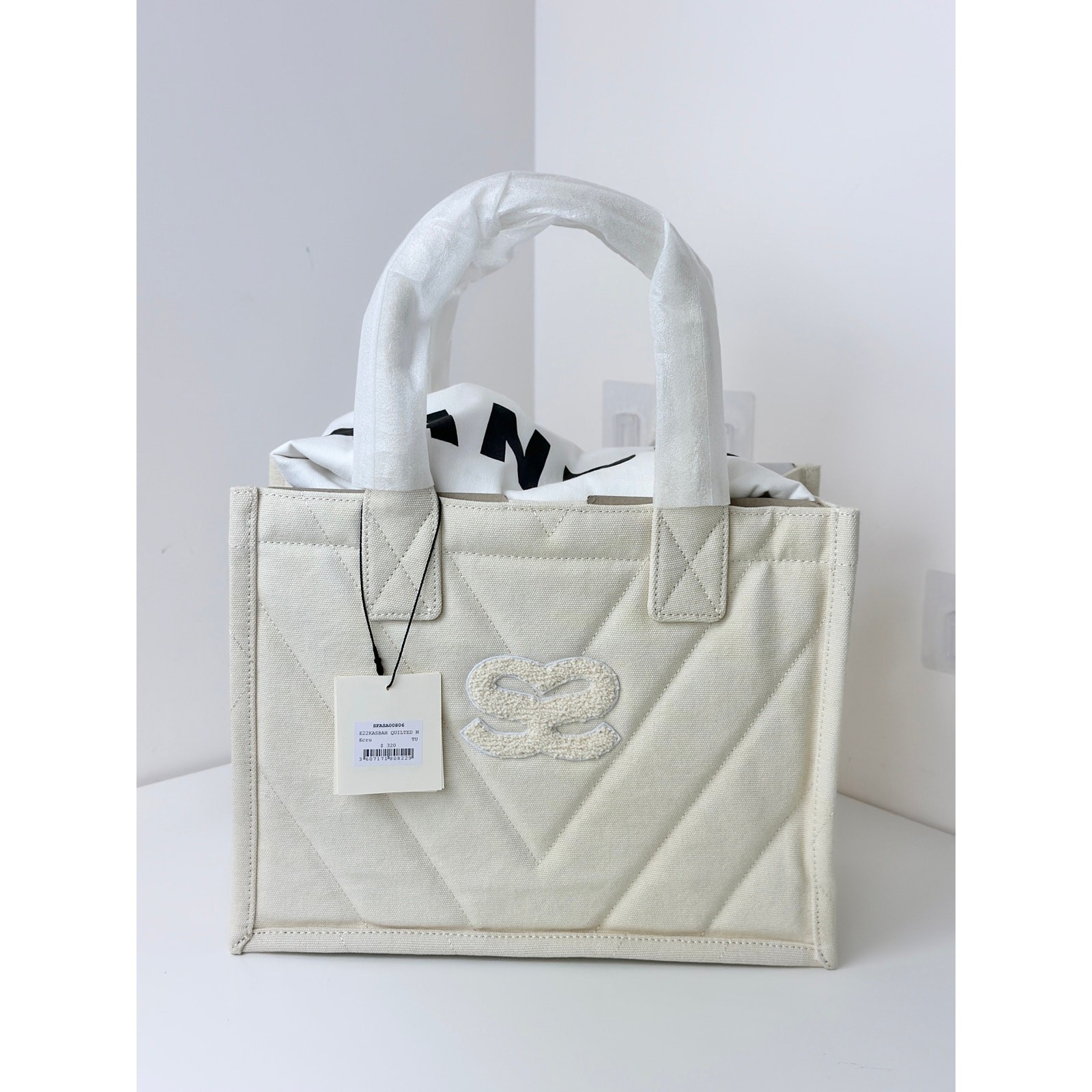 Sandro Kasbah Quilted Canvas Tote Bag Beige Cream Ecru Logo Minimalist $320 NWT