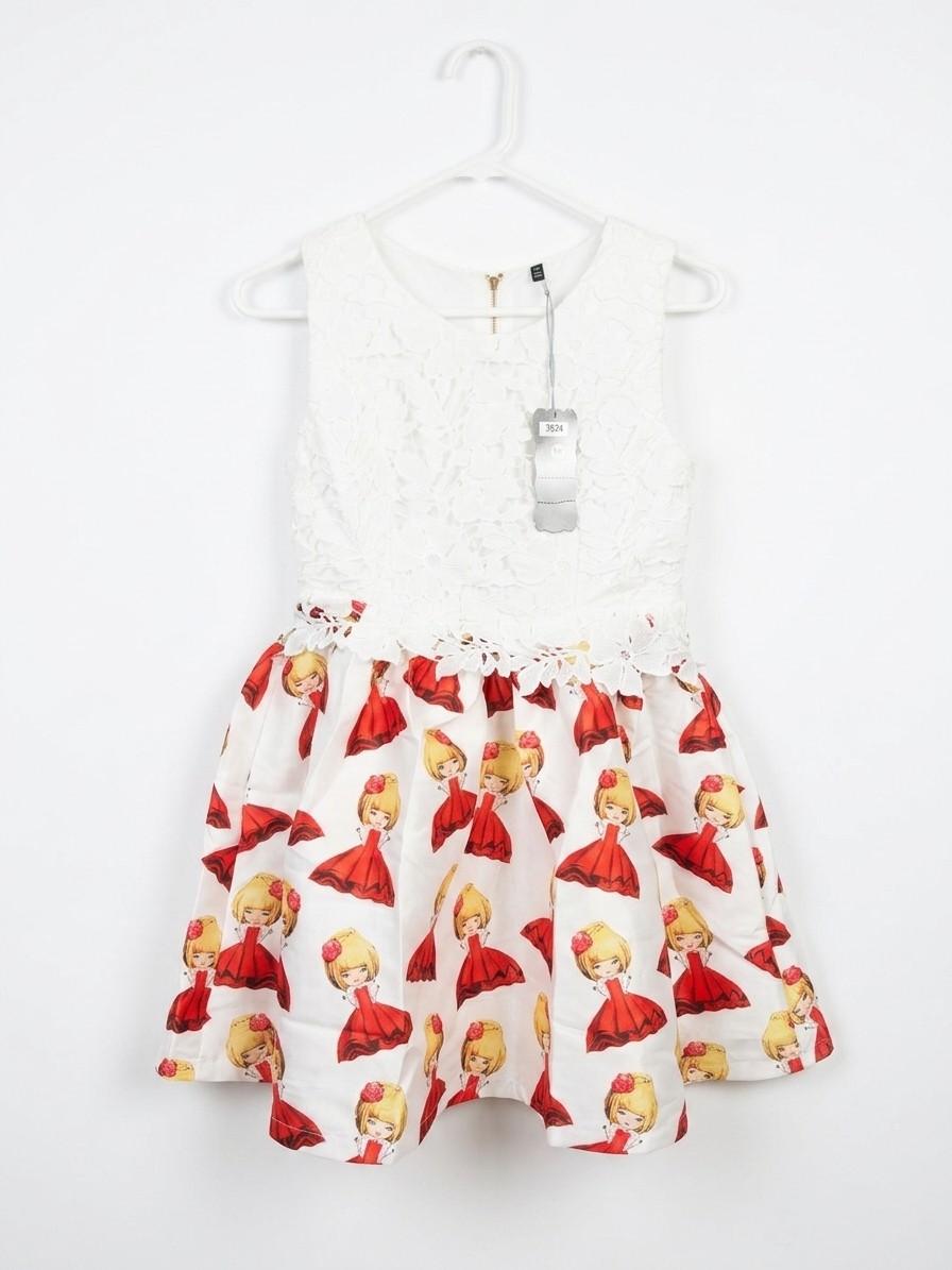 White Lace Dress with Cartoon Print Skirt, Size M
