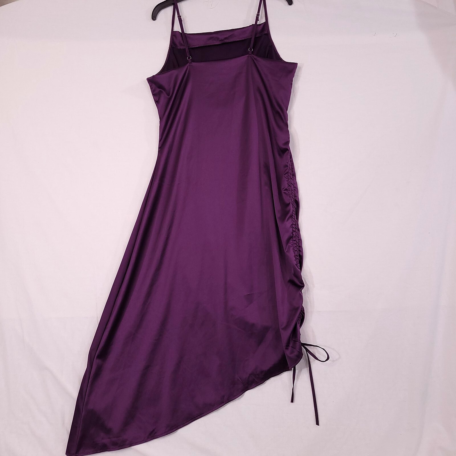 Women Purple Spaghetti Strap Drawstring Ruched Split Hem Party Dress Size XL