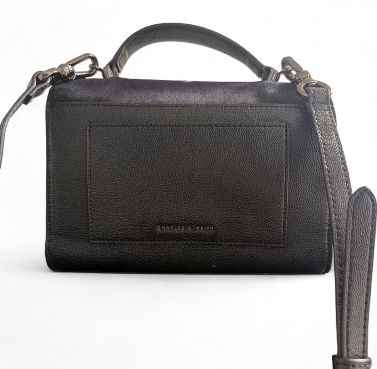 CHARLES & KEITH – Velvet Front Flap Black Flower Mini Bag
