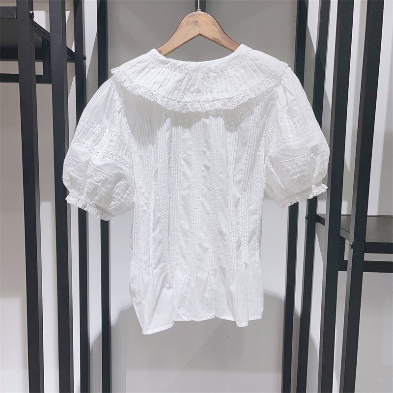 Doen Womens June Pleated Short Sleeves White Salt Cotton Blouse Tunic Top Size M