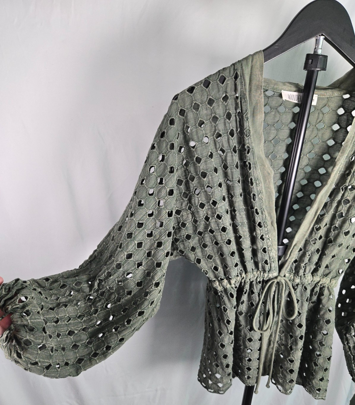 Olive Green Eyelet Cutout Tie Front Cardigan Sz Medium Earthy Lagenlook Festival