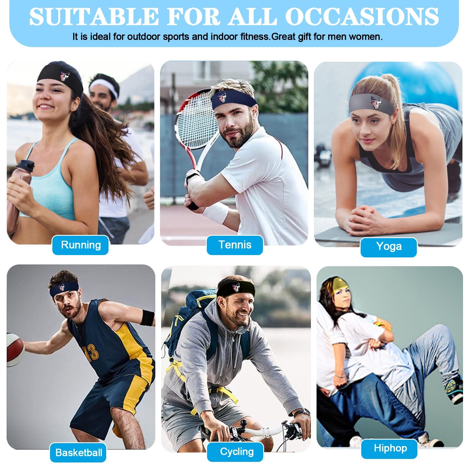 Sports Headbands for Men 3pcs Sweat Bands Sweatband 9.1″, Skeleton Flag