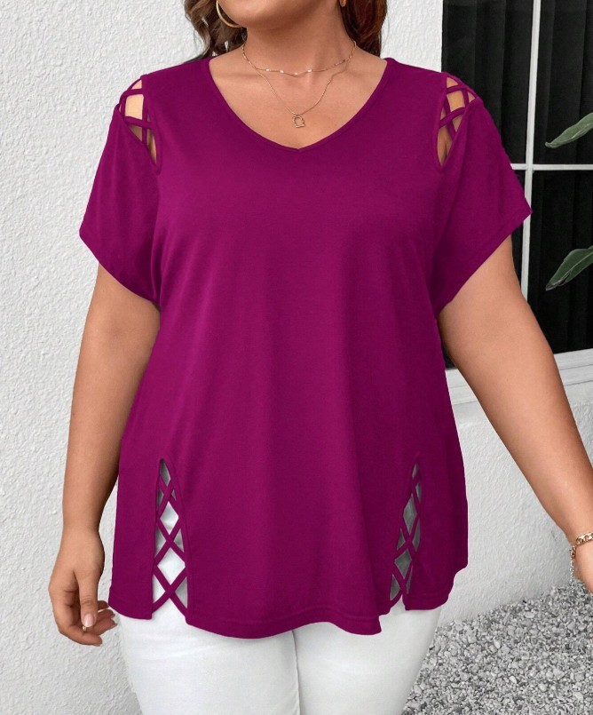 Plus Size V Neck Cutout Short Sleeve Tee Crisscross Casual Summer Top 0XL-5XL