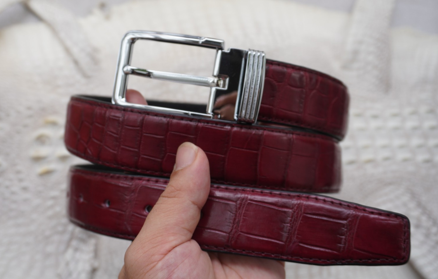 W 1.3 inch- Burgundy Genuine CROCODILE Belly LEATHER Skin Men’s Belt #Y32
