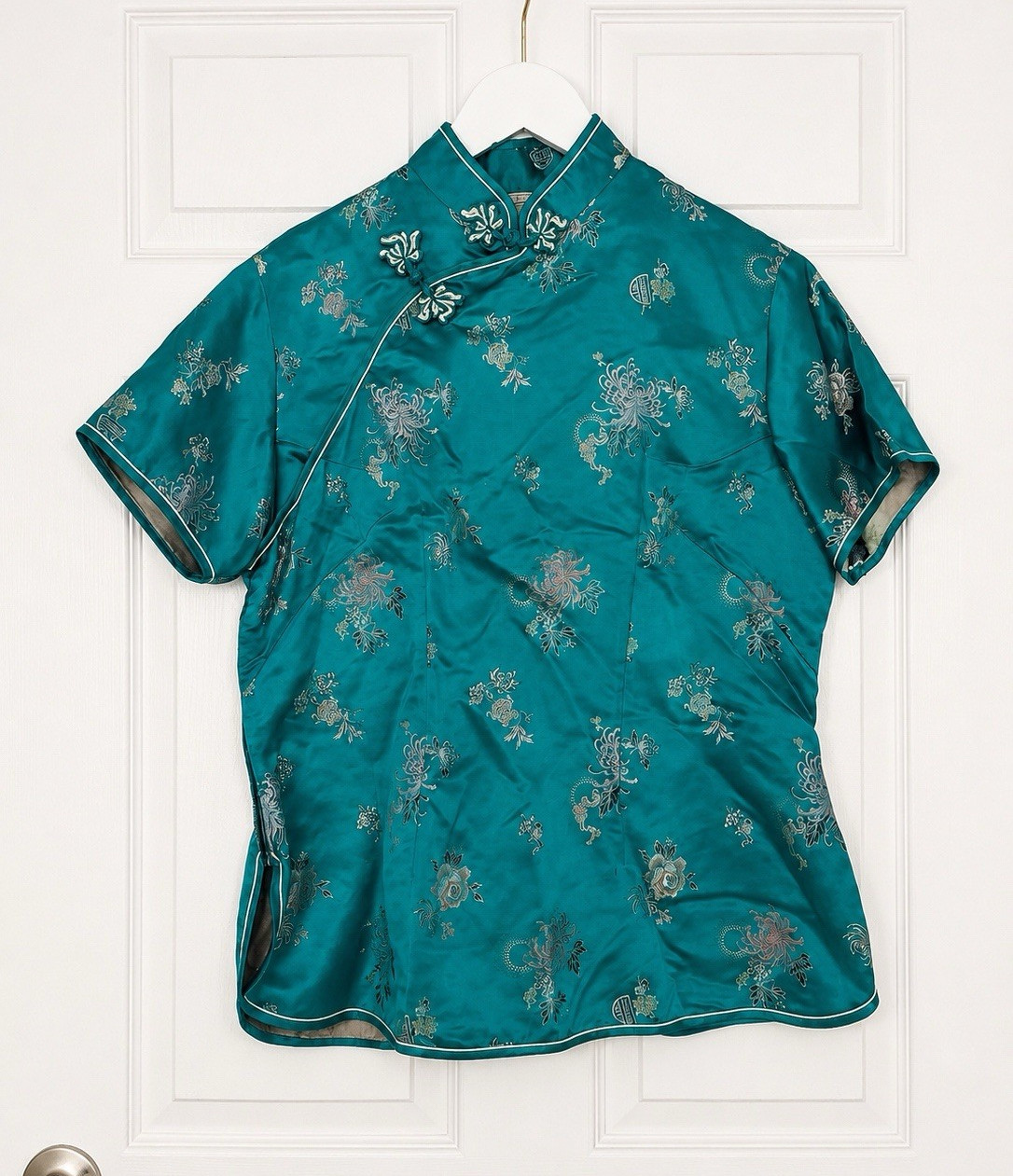 Vintage traditional Chinese mandarin teal floral top medium