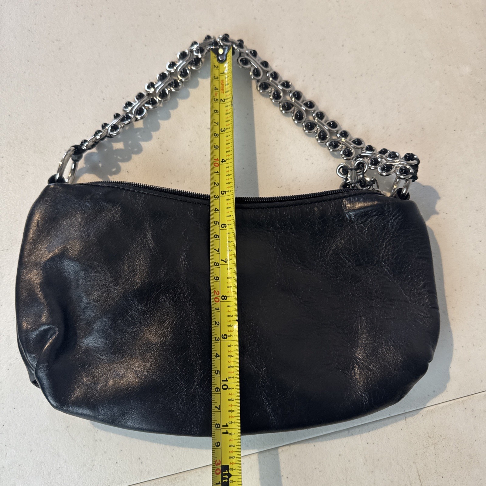 Elliott Lucca Black Leather Hobo Handbag Silver Tone Chain Strap Zipper