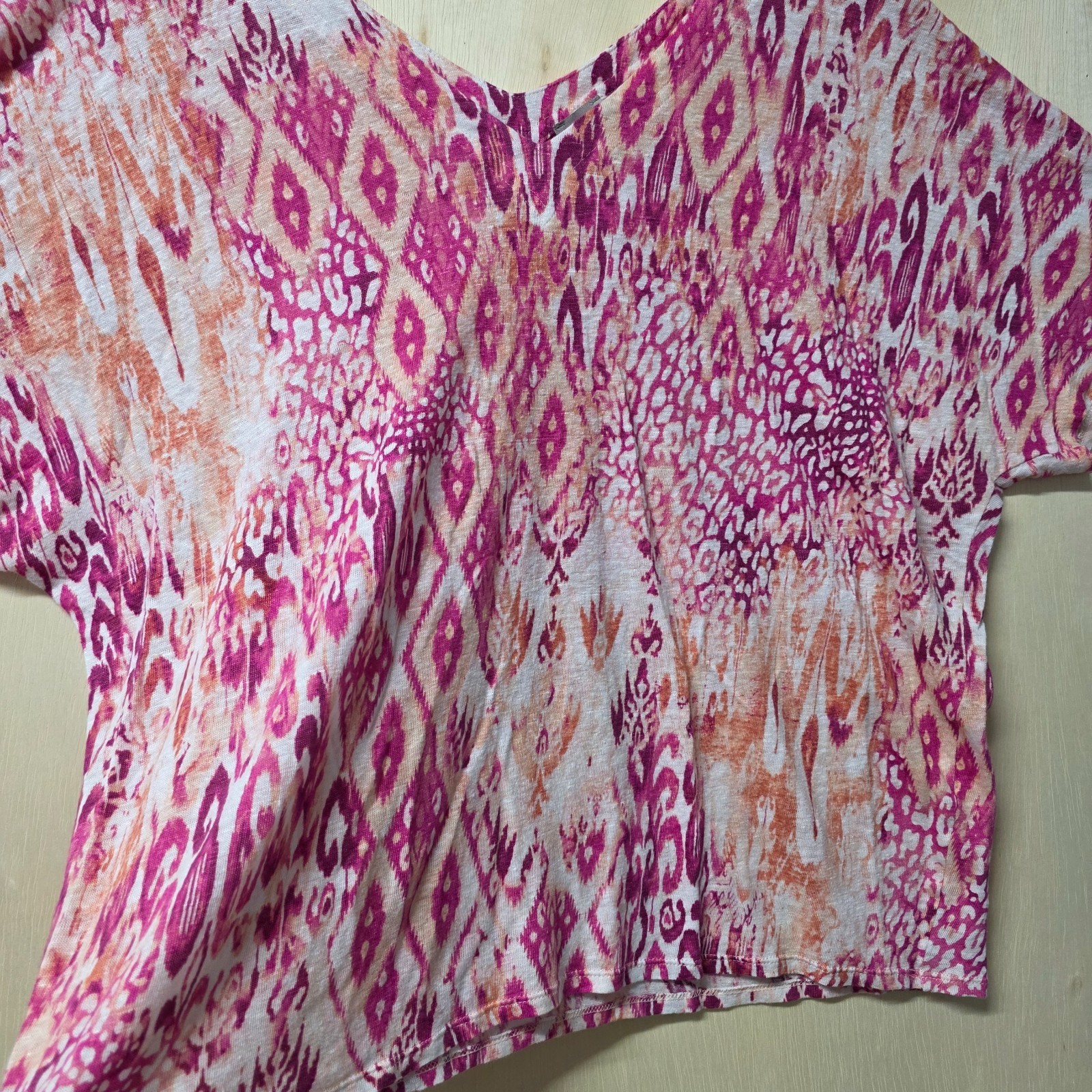 Chicos 4 XXL 100% Linen Ikat Print Dolman Top Pink Peach V Neck Boho