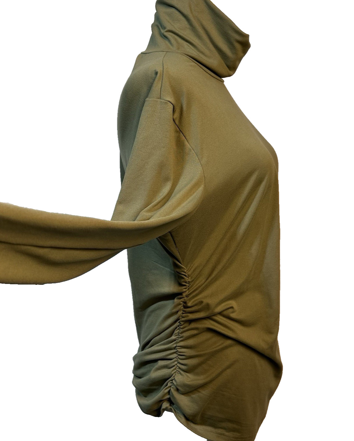 Shirred Sided Olive Colored Stretchy Turtleneck Long Sleeve Pullover Top Size L