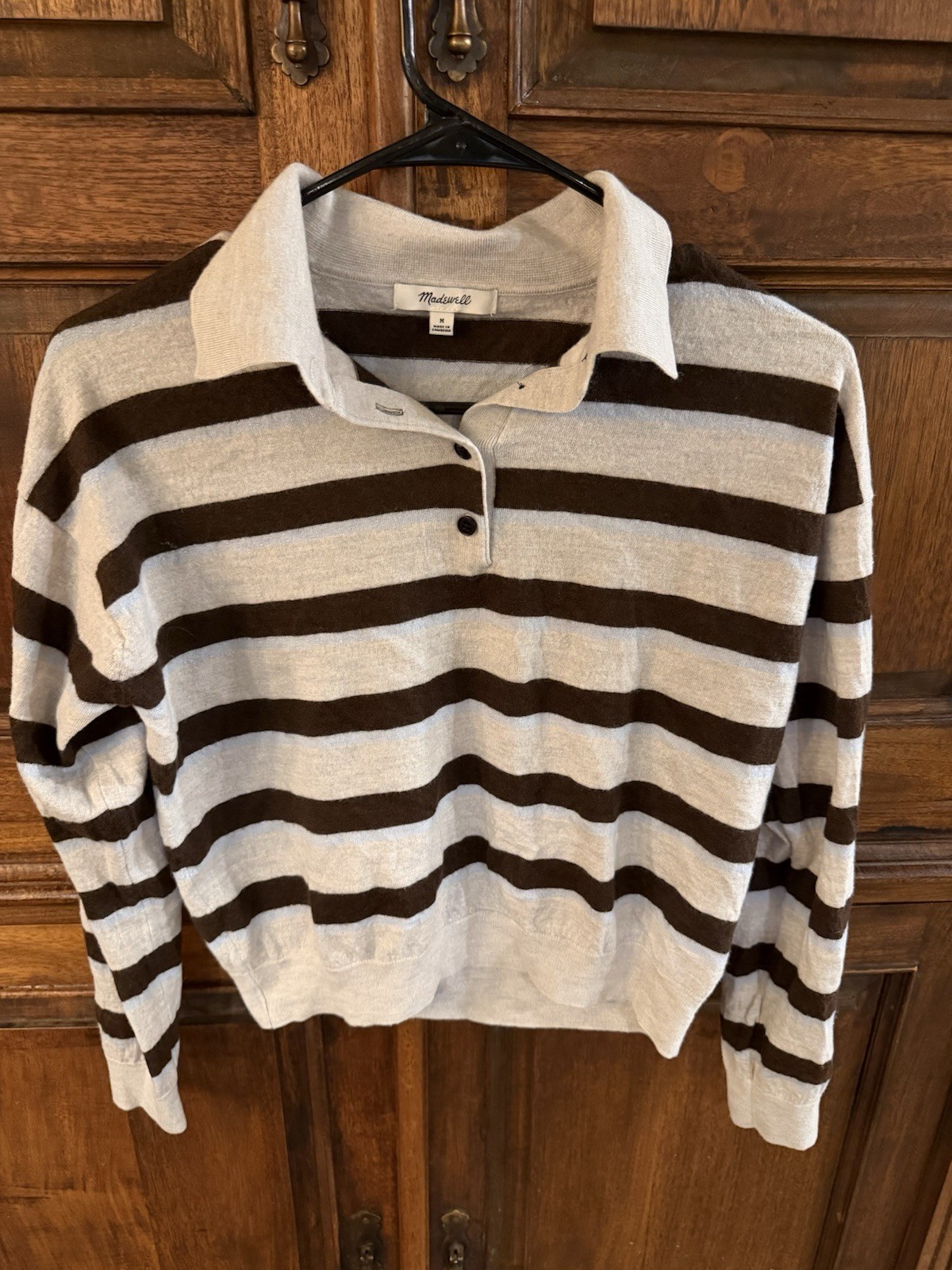 Madewell Womens 100% Merino Wool Striped Polo Sweater Grey Blue Brown Medium