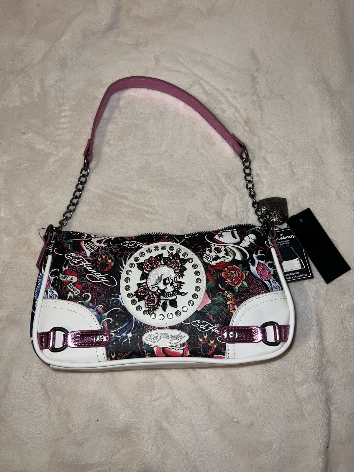 Ed Hardy White Pink Crossbody Bag With Skull & Multi Color Tattoo Print NWT