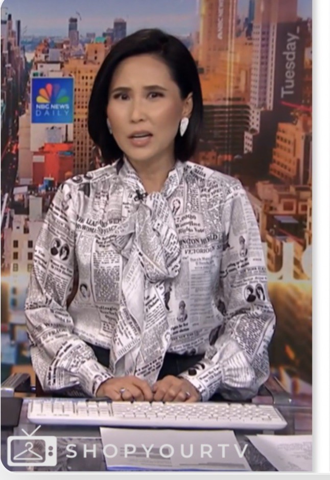 Gravitas NY Marvel Bow Blouse Newspaper Newsprint Top Suffragist As Seen On TV S