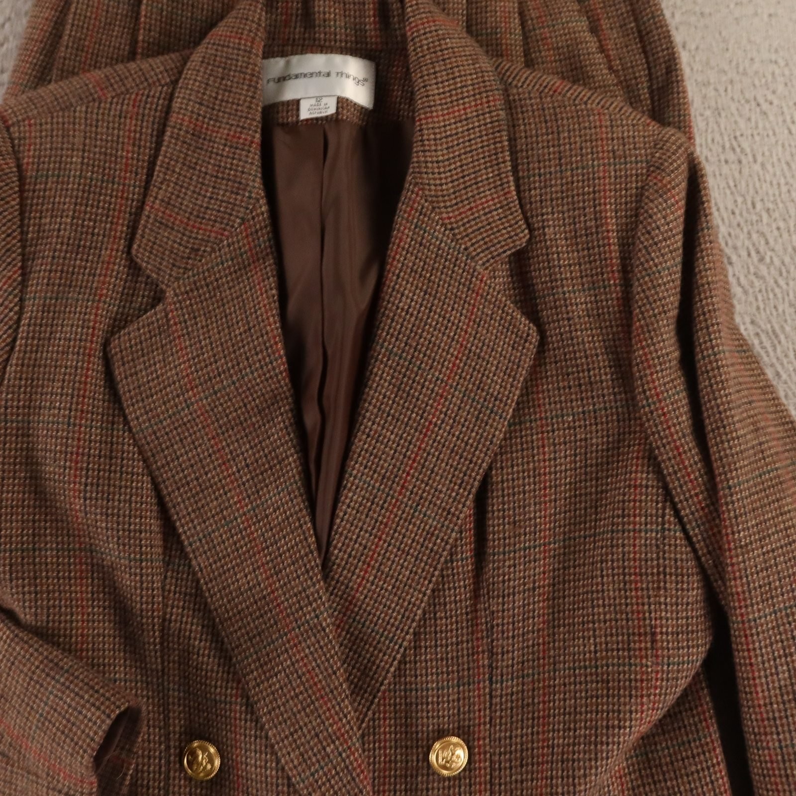 VTG Tweed Suit Womens 12 Brown Houndstooth Check Wool Blend Double Breasted