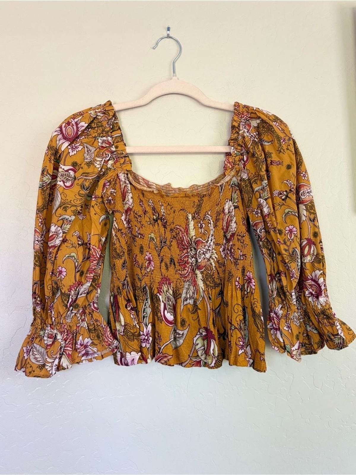 Anthropologie Conditions Apply Marigold Yellow Smocked Puff Sleeve Blouse Medium