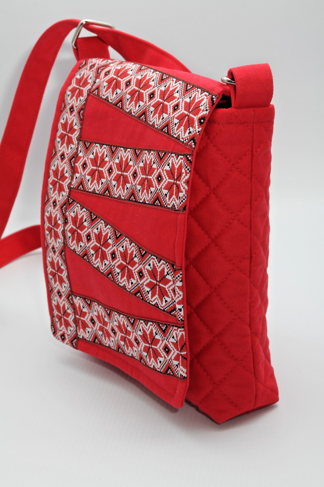 Red Natural Cotton Crossbody Bag Embroidered Adjustable Strap.